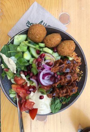 Made to order bowl with mixed protein (Köfte and Falafel) at La Sante in Stuttgart