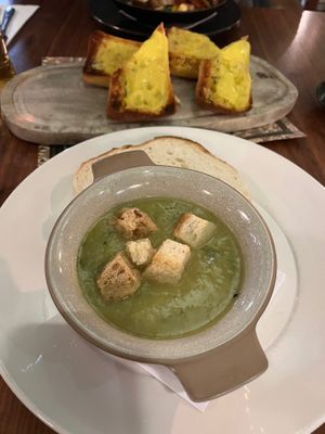 Potato & leek soup with vegan cheese garlic bread  at The Cricketers Inn in Meopham