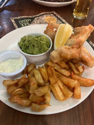 Beer battered banana blossom & chips. Amazing! at The Cricketers Inn in Meopham