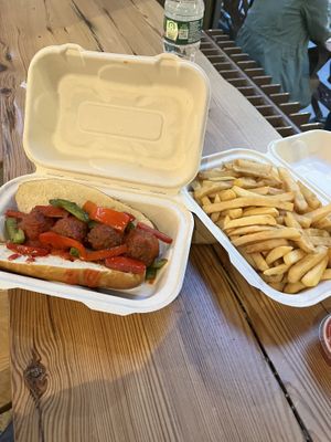 Meatball sandwich and fries   at Plant Junkie W52 in New York City
