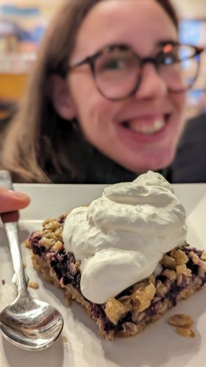 Vegan lemon blueberry streusal bar with vegan whipped cream at One World in Peoria