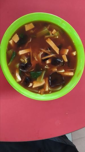 Spicy and sour soup $3.50 at Travelers Palm Vegetarian in Central Singapore