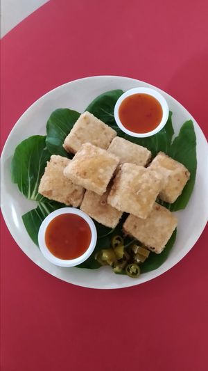 Famous crispy fried tofu $3 at Travelers Palm Vegetarian in Central Singapore