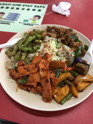 Fried rice with 4 dishes  at Travelers Palm Vegetarian in Central Singapore