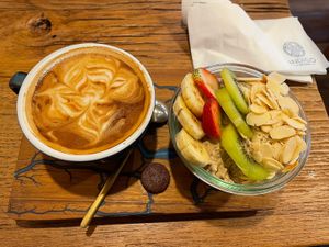 Oat milk cappuccino and almond milk chia seed pudding  at Indigo - Hin Kong in Koh Phangan