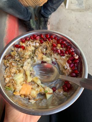 Coconut milk with granola, nuts and fruits. Sorry I couldn’t resist, so this picture is taken after I ate half of it... at Pap's Juices & Smoothies in Udaipur