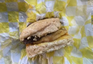Sausage, egg & cheese on a biscuit   at Yellow Rose Vegan Bakery in Maplewood