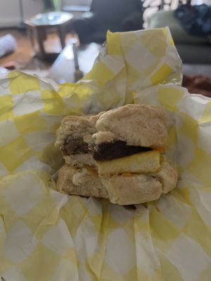 Sausage, egg (tofu), and cheese on a biscuit   at Yellow Rose Vegan Bakery in Maplewood