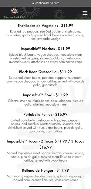 Plant based menu  at Cantina Laredo in Virginia Beach