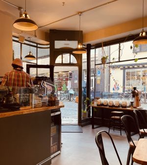 Interior- decent seating at Strangers Coffee House in Norwich