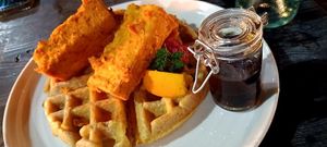 Chicken and waffles with maple love at The Plot in Oceanside