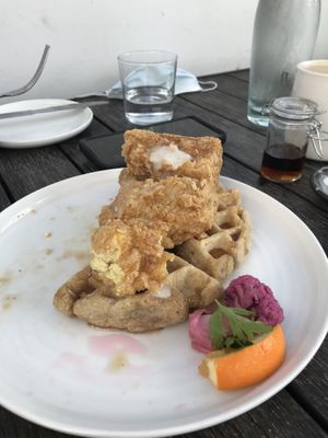 Vegan chicken and waffles: light, crispy breading and a coconut-vanilla waffle  at The Plot in Oceanside