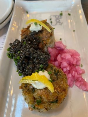 Caviar and potato cakes  at The Plot in Oceanside