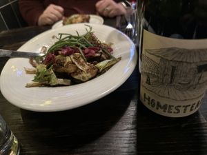 Cauliflower appetizer and Homestead red blend, the cauliflower was phenomenal and the Homestead went well with everything, including the “fish” and chips    at The Plot in Oceanside