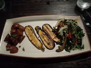 Egg Plant, Potatoes and an amazing salad! at The Plot in Oceanside