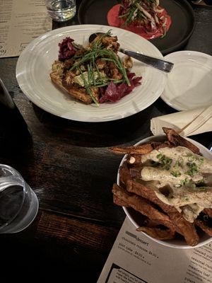 Loaded fries, roasted cauliflower, and "crab" cake  at The Plot in Oceanside