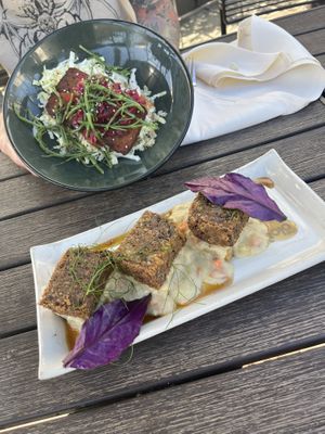 Bottom: Sausage and biscuits with gravy (so good! And look at that presentation!)  at The Plot in Oceanside