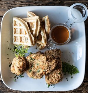 The “chicken” & waffles 🤤 at The Plot in Oceanside