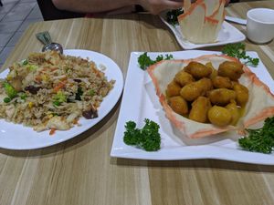 Combination fried rice with mock meats/seafood + Lemon 'Chicken' at Yuan Yuan Vegetarian Delight in Underwood