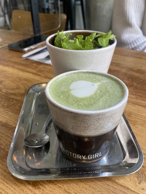 Matcha latte and mint tea   at FACTORY GIRL Restaurant. in Amsterdam
