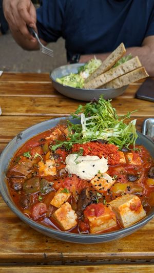 Vegan Shakshouka at FACTORY GIRL Restaurant. in Amsterdam