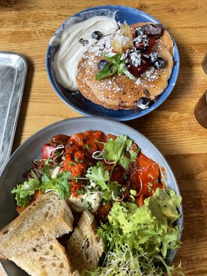 Shakshuka (w mash avo added) & Pancake heaven   at FACTORY GIRL Restaurant. in Amsterdam