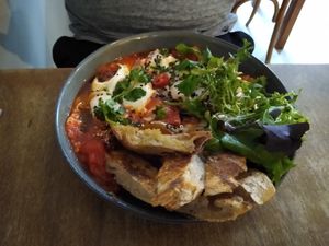 Shakshuska (vegetarian with eggs, can have without) at FACTORY GIRL Restaurant. in Amsterdam