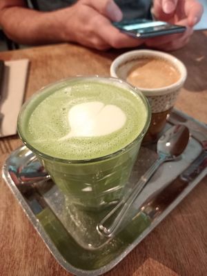 Matcha latte at FACTORY GIRL Restaurant. in Amsterdam