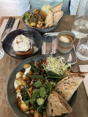 From top: Turks Dad, Cina Cardamon Bun, Turks Mom with mushrooms and potatoes   at FACTORY GIRL Restaurant. in Amsterdam