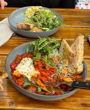 Vegan Shakshuka and Vegan Scramble (closeup) at FACTORY GIRL Restaurant. in Amsterdam