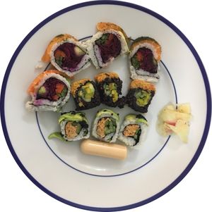 Three types of sushi and rolls for take-out. at Beyond Sushi - Upper East Side in New York City