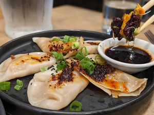 Impossible beef and ginger dumplings at Beyond Sushi - Upper East Side in New York City