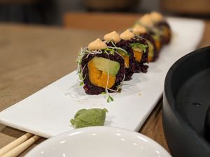 Black rice, sweet potato and avocado roll at Beyond Sushi - Upper East Side in New York City
