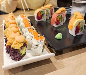 Spicy Mang ($9), Philadelphia rolls ($9), Rainbow rolls ($16) at Beyond Sushi - Upper East Side in New York City