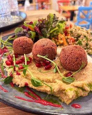 Falafel with Hummus and couscous salad at BioWelten BistroCafé & Organic Supermarket in Immenstadt