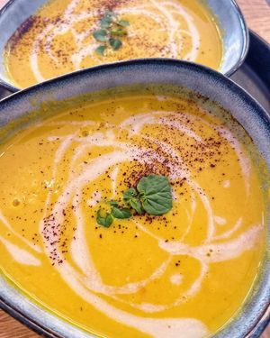 Delicious pumpkin soup at BioWelten BistroCafé & Organic Supermarket in Immenstadt