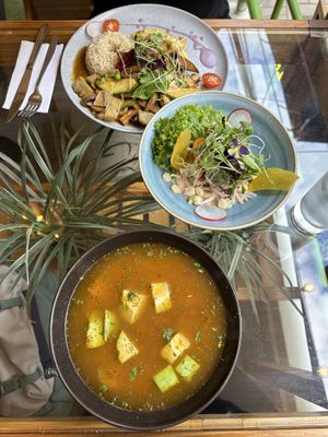 Bean and seitan soup, vegan ceviche, Peruvian veggies and rice meal  at Green House in Aguas Calientes
