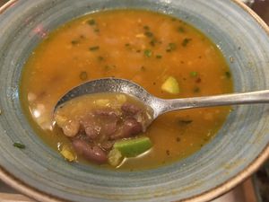Red bean soup with fake meatt  at Green House in Aguas Calientes