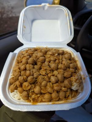 Chickpea curry over rice at Shri Foods in Brookfield