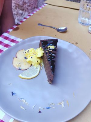 Vegan chocolate cheesecake with sorbet at Piccola Osteria in Arco