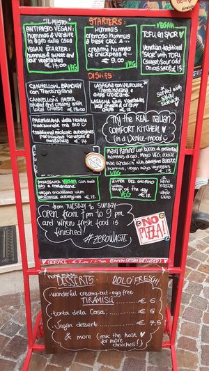 Menu of the day. Everything in green boxes is vegan at Piccola Osteria in Arco