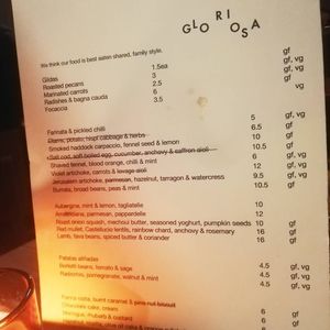 Menu with clearly marked options at Gloriosa  in Glasgow