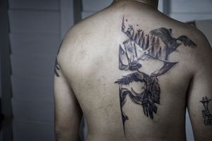𝙄𝙂: 𝙣𝙖𝙩𝙚_𝙩𝙝𝙖𝙞𝙡𝙖𝙣𝙙 🌿 Blackwork half-back ethereal eagle tattoo with pine tree forest and hour glass at Baan Khagee Tattoo Chiang Mai, Thailand  at Baan Khagee Tattoo in Chiang Mai