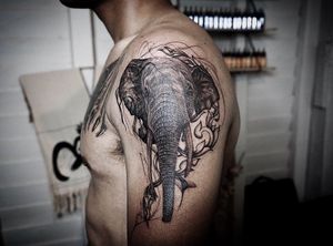 𝙄𝙂: 𝙣𝙖𝙩𝙚_𝙩𝙝𝙖𝙞𝙡𝙖𝙣𝙙 🌿 Realistic blackwork ethereal half African half Asian elephant tattoo with Thai art at Baan Khagee Tattoo Chiang Mai, Thailand at Baan Khagee Tattoo in Chiang Mai