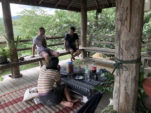 𝙄𝙂: 𝙣𝙖𝙩𝙚_𝙩𝙝𝙖𝙞𝙡𝙖𝙣𝙙 🌿 Chill chat with Mike before a tattoo session at Baan Khagee Tattoo Chiang Mai, Thailand at Baan Khagee Tattoo in Chiang Mai