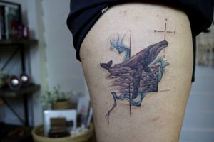 𝙄𝙂: 𝙣𝙖𝙩𝙚_𝙩𝙝𝙖𝙞𝙡𝙖𝙣𝙙 🌿 Ethereal blue whale tattoo with water stripe - Baan Khagee Tattoo Chiang Mai, Thailand at Baan Khagee Tattoo in Chiang Mai