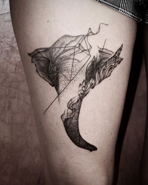 𝙄𝙂: 𝙣𝙖𝙩𝙚_𝙩𝙝𝙖𝙞𝙡𝙖𝙣𝙙 🌿 Blackwork elephant tattoo with line work and Thai art by Nate, a tattoo artist in Chiang Mai, Thailand at Baan Khagee Tattoo in Chiang Mai