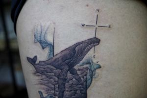 𝙄𝙂: 𝙣𝙖𝙩𝙚_𝙩𝙝𝙖𝙞𝙡𝙖𝙣𝙙 🌿 Whale tattoo on Pat's thigh done by Nate, a tattoo artist at Baan Khagee Tattoo Chiang Mai, Thailand at Baan Khagee Tattoo in Chiang Mai