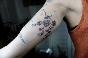 𝙄𝙂: 𝙣𝙖𝙩𝙚_𝙩𝙝𝙖𝙞𝙡𝙖𝙣𝙙 🌿 Blackwork orchid flowers tattoo on the inner upper arm by a tattooist in Chiang Mai, Thailand  at Baan Khagee Tattoo in Chiang Mai