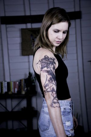 𝙄𝙂: 𝙣𝙖𝙩𝙚_𝙩𝙝𝙖𝙞𝙡𝙖𝙣𝙙 🌿 Black and grey animals sleeve tattoo with nature, orchid flowers and abstract art by Nate, a black and grey tattoo  at Baan Khagee Tattoo in Chiang Mai